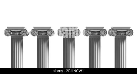 Pillars pedestals, ancient greek stone marble, four ionic style column part isolated against white color background, Presentation ad template. 3d illu Stock Photo