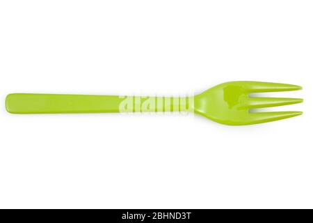 Green plastic forks isolated on white background Stock Photo
