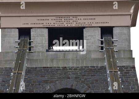 The writing on top of one of the towers of Clifton Suspension Bridge in Bristol. Bridge Rd, Leigh Woods, Bristol BS8 3PA Stock Photo