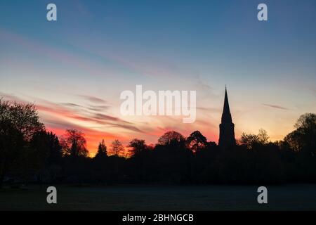 St Marys Church at dawn in Adderbury, Oxfordshire, England. Silhouette Stock Photo