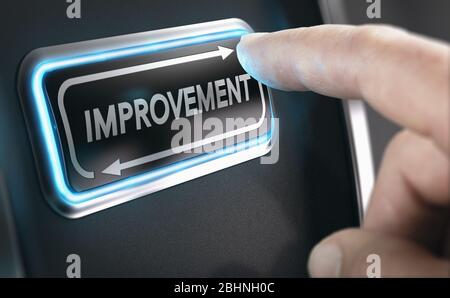 Man pressing a continuous improvement button to improve company processes. Composite image between a hand photography and a 3D background. Stock Photo