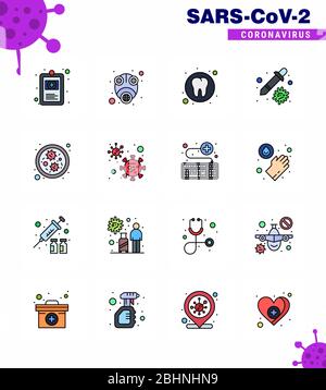 Coronavirus Precaution Tips icon for healthcare guidelines presentation 16 Flat Color Filled Line icon pack such as bacteria, pipette, virus, healthca Stock Vector