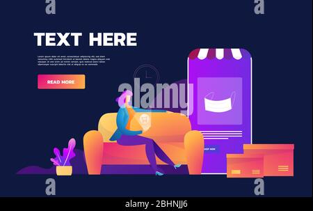 Coronavirus Epidemic Quarantine. Online shopping. Stay home. Scared girl shopping on mobile phone at home. Quarantine. vector flat illustration. Stock Vector