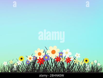summer flowers and grass on blue clear sky Stock Vector