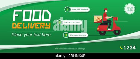 Food delivery service web banner with motorcycle and space for your text on green background Stock Vector