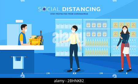 Cartoon people characters wearing medical masks keeping 2 meters away from each other in supermarket showing social distancing to stay protected from Stock Vector