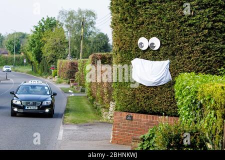 Chippenham, Wiltshire UK, 27th April, 2020. As scientific advisers in the UK discuss whether the public should wear face masks in public cars are pictured driving past a large face mask that has been hung on a hedge in Chippeneham, Wiltshire.  Credit: Lynchpics/Alamy Live News Stock Photo