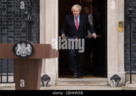 Prime Minister Boris Johnson makes a statement outside 10 Downing Street, London, as he resumes working after spending two weeks recovering from Covid-19. PA Photo. Picture date: Monday April 27, 2020. The Prime Minister is resuming full-time duties at the head of the Government three weeks after he was admitted to hospital with the disease. See PA story HEALTH Coronavirus. Photo credit should read: Stefan Rousseau/PA Wire Stock Photo