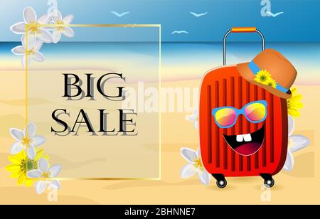 Suitcase on the beach. Summer discounts and sales banner. Vector illustration. Travel accessories.. Stock Vector