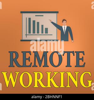 Writing note showing Remote Working. Business concept for style that allows professionals to work outside of an office Man in Business Suit Pointing a Stock Photo