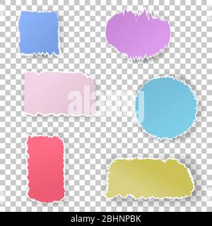 Scrap paper color set. Torn pieces of white sheet, lower thirds. Flat vector cartoon illustration. Objects isolated on transparent background. Stock Vector