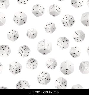 Classic white glossy game dice, casino seamless pattern on white Stock Vector