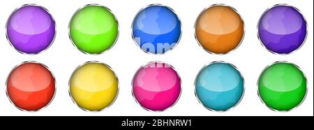 Set of glossy round buttons. Vector illustration. Colored bright buttons with chrome frame. Realistic buttons Stock Vector