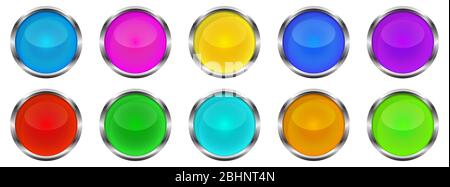 Set of glossy round buttons. Vector illustration. Colored bright buttons with chrome frame. Realistic buttons Stock Vector