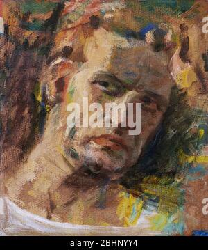 Expressive man portrait oil painting sketch on textured canvas Stock Photo