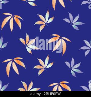 Vector Cannabis leaves seamless pattern background. Hand drawn orange indigo hemp foliage backdrop. Modern botanical marijuana design. All over print Stock Vector