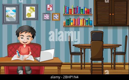 Scene with boy working on computer at home illustration Stock Vector