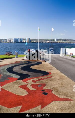 dragon sculpture, coal mining display, cardiff bay barrage, cardiff, south wales. Stock Photo