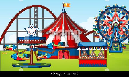 Scene with roller coaster and other rides in the park illustration ...