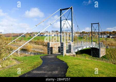 New bridge carrying cycle route 47 across river, Taff Bargoed Community Park near Merthyr Tydfil, South Wales. Stock Photo