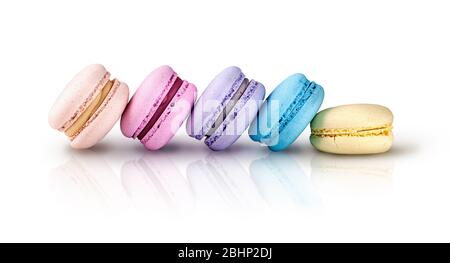 Five multicolored macaroons ladder in row Stock Photo