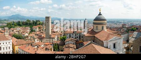 Bergamo Italy, Panoramic elevated view of the Citta Alta, upper city part of Bergamo, with, Cathedral Torre del Gombito (l),  Lombardy, Italy. Stock Photo