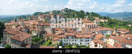 Bergamo Italy, Panoramic elevated view of the Citta Alta, upper city part of Bergamo, with, Cathedral Torre del Gombito,  Lombardy, Italy. Stock Photo