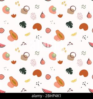 Summer seamless pattern with watermelon, papaya, kiwi, figs, monstera leaves and abstract geometric shapes. Tropical textile, fabric design with fruit Stock Vector