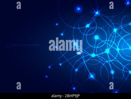 Abstract technology communication with connected geometric circle, line and dot on glowing blue background with space for your text. Vector illustrati Stock Vector