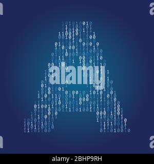 Letter A font made from binary code digits on a dark blue background Stock Vector