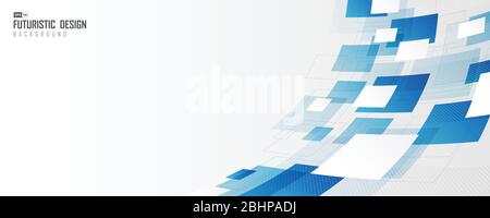 Abstract wide cover of blue and white distort square technology artwork graphic design background. Use for ad, poster, template design, print. Stock Vector
