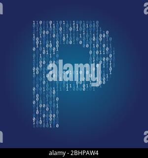 Letter P font made from binary code digits on a dark blue background Stock Vector