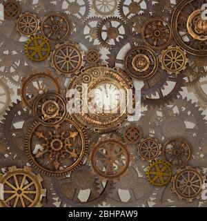 Golden steampunk background with lots of cogwheels Stock Photo