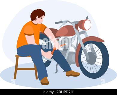 Mechanic Repairing Motorcycle vector illustration from hobbies collection. Flat cartoon illustration isolated on white Stock Vector