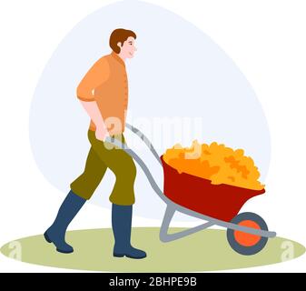Gardener Cleaning Yellow Leaves In The Garden vector illustration from hobbies collection. Flat cartoon illustration isolated on white Stock Vector