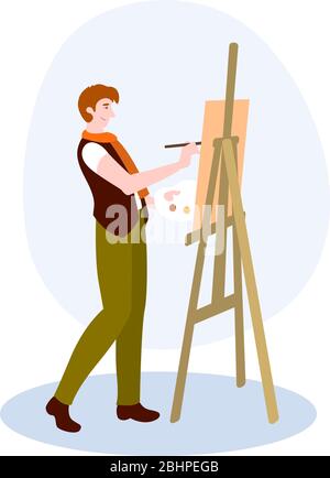The Artist Paints A Picture On Canvas vector illustration from hobbies collection. Flat cartoon illustration isolated on white Stock Vector