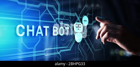 Chatbot computer program designed for conversation with human users over the Internet. Support and customer service automation technology concept. Stock Photo