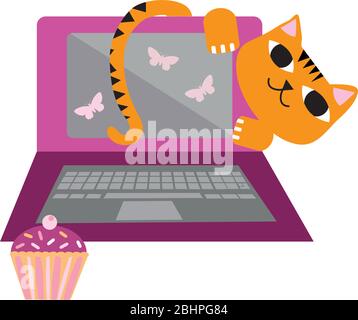 Cute cartoon cat and laptop vector illustration. Cheeky ginger feline character peeks out behind monitor and interrupts business office work flow Stock Vector