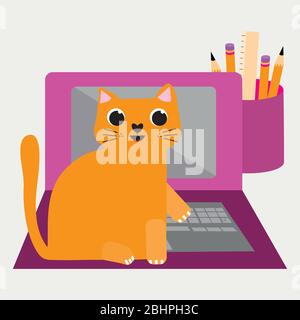 Cute cartoon cat and laptop vector illustration. Cheeky ginger feline character plays on keyboard and interrupts business office work flow. Hand drawn Stock Vector