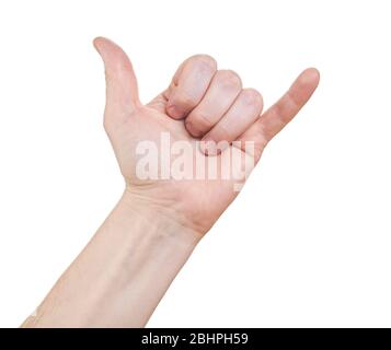 Man's hand shows a sign to make a phone call. Isolated on white background. Stock Photo