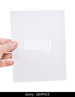 Hand holding blank sheet of paper isolated on white background Stock Photo