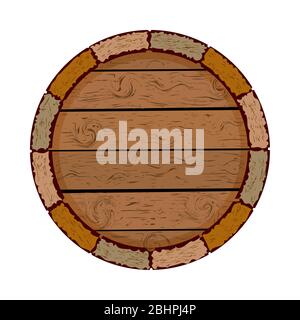 Wooden barrel isolated on white background. Cask icon. Blank circle board. Keg with copy space for emblem, package, label. Stock vector illustration Stock Vector
