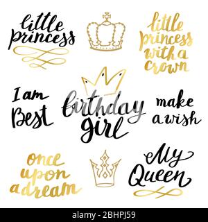 Princess Birthday party text set. Hand drawn doodle Print collection. Trendy golden inscription. Girly lettering design for t-shirt prints, invitations or posters. Vintage vector illustration Stock Vector