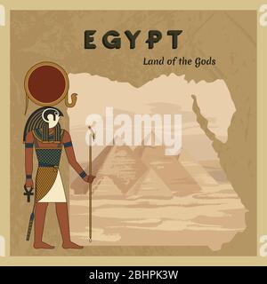 The ancient Egyptian god Ra painted against the background of the map of Egypt with pyramids. Stock Vector
