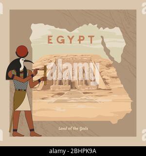 The ancient Egyptian god Ra painted against the background of the map of Egypt with pyramids. Stock Vector