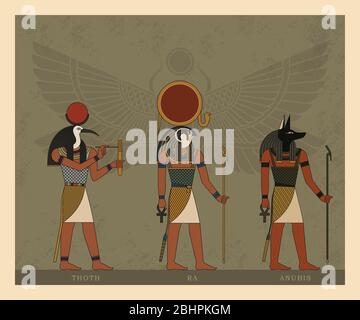 Illustration of the gods and symbols of ancient Egypt isolated against the background of the scarab beetle.