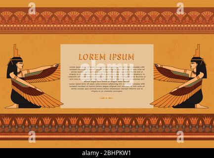 Pattern leaflets in Egyptian style with an illustration of the goddess of ancient Egypt Isis with a place for text Stock Vector