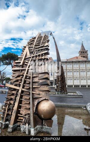 Tivoli, Italy. February 01, 2015: Arch of the founding fathers in Piazza Garibaldi, by sculptor Arnaldo Pomodoro 2009. Stock Photo