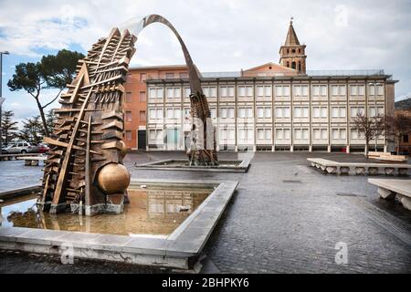 Tivoli, Italy. February 01, 2015: Arch of the founding fathers in Piazza Garibaldi, by sculptor Arnaldo Pomodoro 2009. Stock Photo