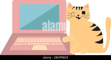 Cute cartoon pet cat and laptop vector illustration. Cheeky winking ginger kitty is about to tap on keyboard button. Disrupted business office work Stock Vector